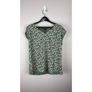 Papermoon - Medium - Floral V-Neck Blouse - Muted Green, Short Sleeves